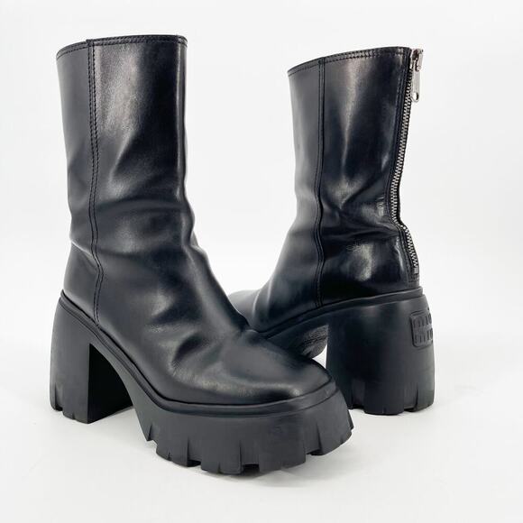 Miu Miu Black Leather Mid Calf Square Toe Platform Chunky Block Heel Boot IT 39 - Picture 1 of 14